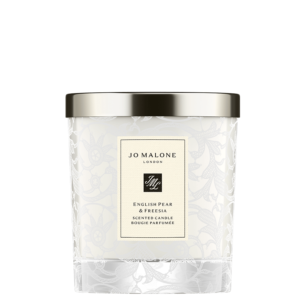 English Pear & Freesia Home Candle with Lace Design